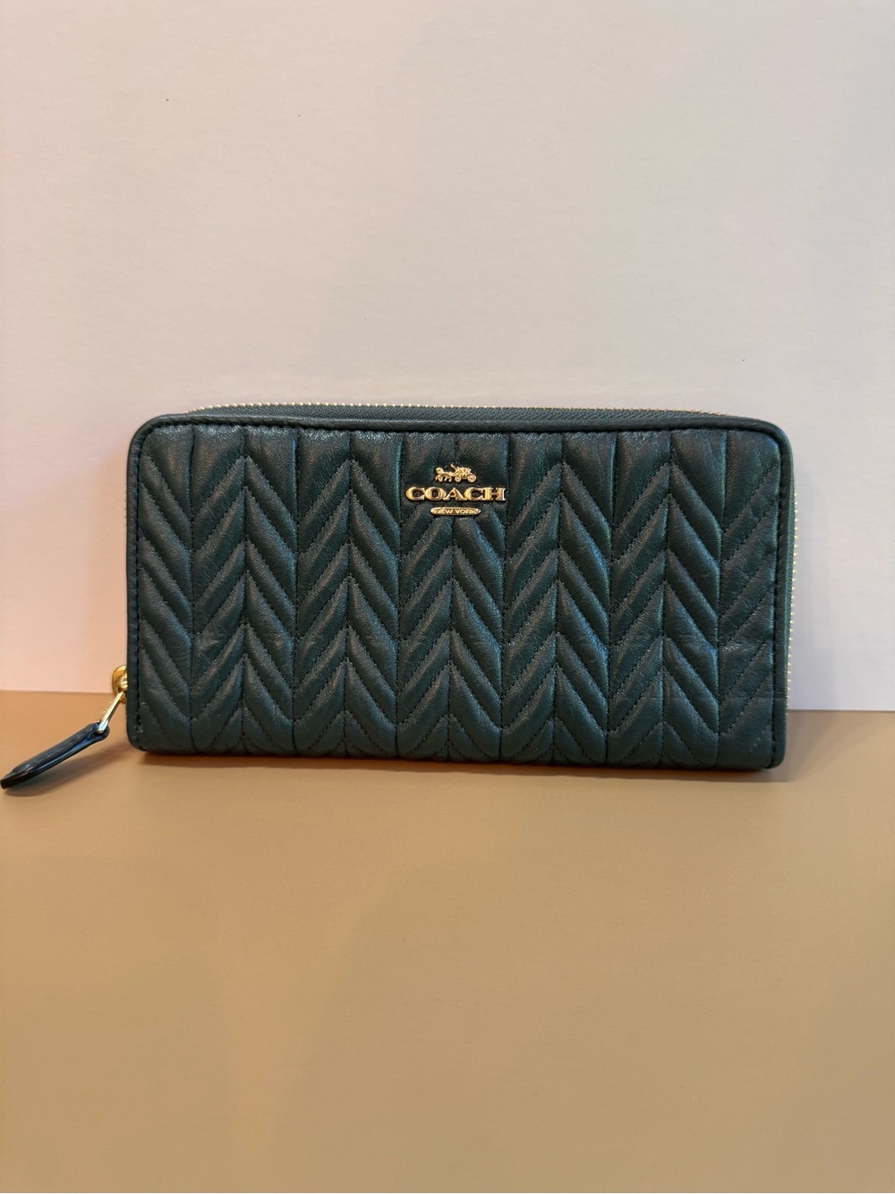 Coach Quilted Zip Wallet in Dark Green with Gold Logo